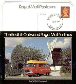 Postcard of Redhill-Outwood Postbus by Windmill (PO picture card SEPR 18/1) used with Reigate first day cancel