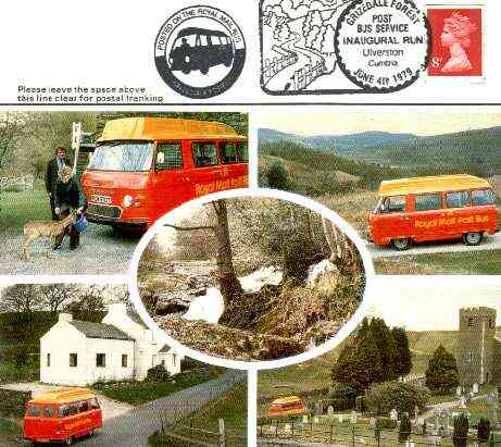 Postcard of Grizedale Forest Postbus used with illustrated Grizedale first day cancel & Posted on Postbus cachet