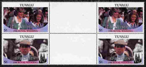 Tuvalu 1986 Royal Wedding (Andrew & Fergie) $1 perf inter-paneau gutter block of 4 (2 se-tenant pairs) overprinted SPECIMEN in silver (Italic caps 26.5 x 3 mm) unmounted mint SG 399-400s from Printer's uncut proof sheet from Print……Details Below