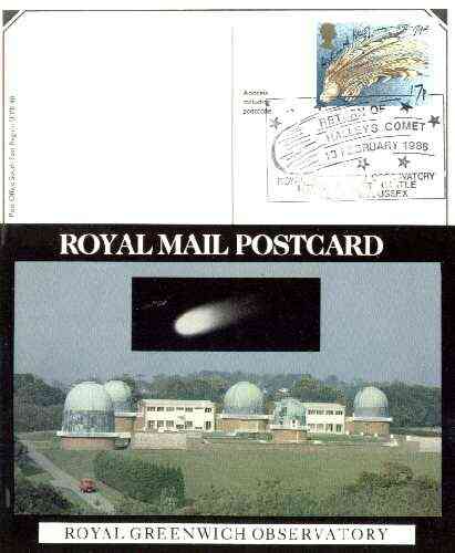 Postcard of Royal Greenwich Observatory (with Halley's Comet) (PO picture card SEPR 48) used with illustrated Halley's Comet first day cancel