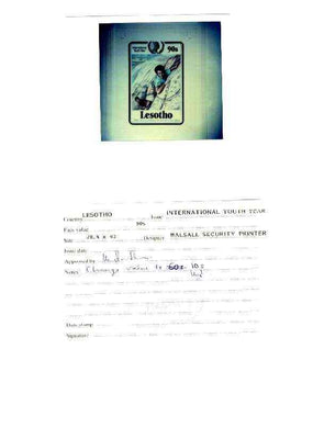 Lesotho 1985 Internatioanl Youth Year - photographic proof of 90s value (Rock-Climbing) on sheet with handstamp and signature of approval endorsed 