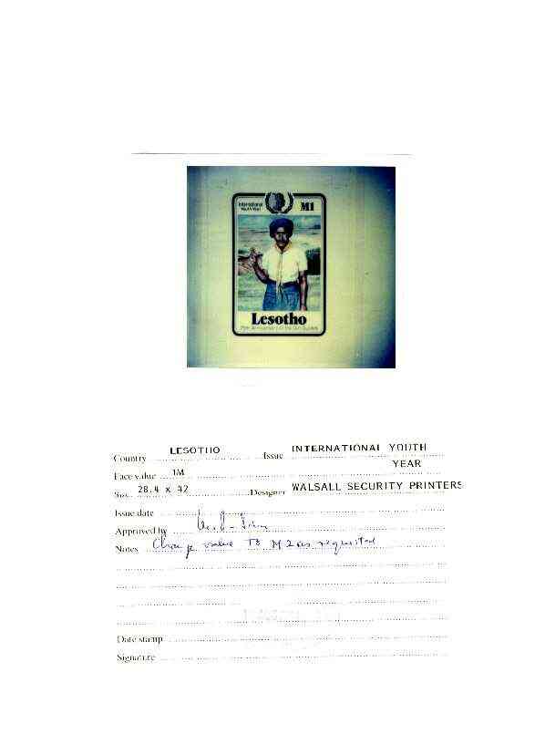 Lesotho 1985 Internatioanl Youth Year - photographic proof of M1 value (Guide saluting) on sheet with handstamp and signature of approval endorsed "change value to M2", almost certainly unique, as SG 655