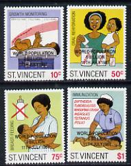 St Vincent 1987 Child Health perf set of 4 opt'd World Population Control in unmounted mint half sheets of 25, SG 1053-56. Please note: These are from the original and genuine Format International printings and NOT the wishy-washy……Details Below