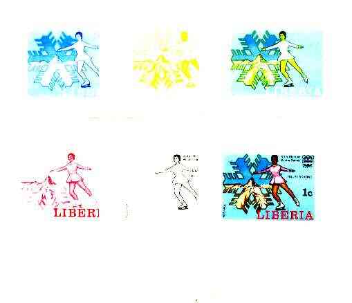 Liberia 1976 Innsbruck Winter Olympics 1c Figure-Skating the set of 6 imperf progressive proofs comprising the 4 individual colours plus 2 and all 4-colour composites unmounted mint, as SG 1260