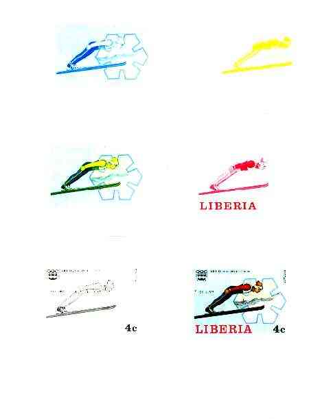 Liberia 1976 Innsbruck Winter Olympics 4c Ski Jumping the set of 6 imperf progressive proofs comprising the 4 individual colours plus 2 and all 4-colour composites unmounted mint, as SG 1261