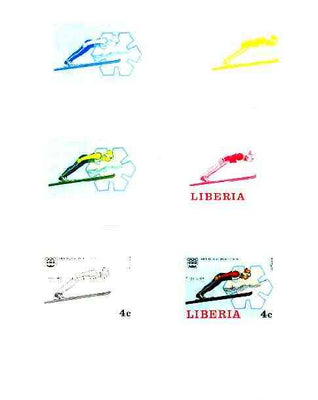 Liberia 1976 Innsbruck Winter Olympics 4c Ski Jumping the set of 6 imperf progressive proofs comprising the 4 individual colours plus 2 and all 4-colour composites unmounted mint, as SG 1261