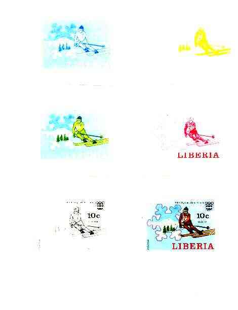 Liberia 1976 Innsbruck Winter Olympics 10c Slalom Skiing the set of 6 imperf progressive proofs comprising the 4 individual colours plus 2 and all 4-colour composites unmounted mint, as SG 1262
