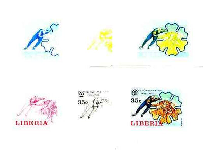 Liberia 1976 Innsbruck Winter Olympics 35c Speed Ice Skating the set of 6 imperf progressive proofs comprising the 4 individual colours plus 2 and all 4-colour composites unmounted mint, as SG 1264