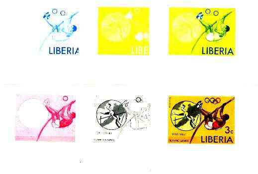 Liberia 1976 Montreal Olympics 3c Pole Vault the set of 6 imperf progressive proofs comprising the 4 individual colours plus 2 and all 4-colour composites, unmounted mint as SG 1271