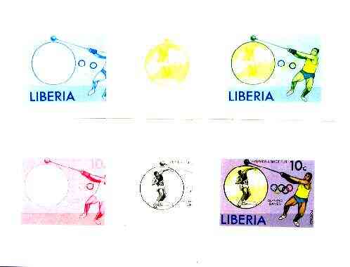 Liberia 1976 Montreal Olympics 10c Hammer & Shot Putt the set of 6 imperf progressive proofs comprising the 4 individual colours plus 2 and all 4-colour composites unmounted mint, as SG 1272