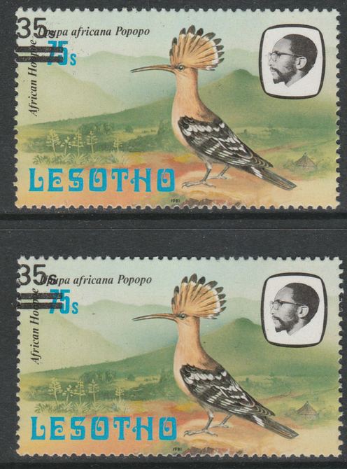 Lesotho 1986-88 Hoopoe Provisional 35s on 75s (1981 issue) with 'small s' variety plus normal for comparison, SG 721/a both unmounted mint