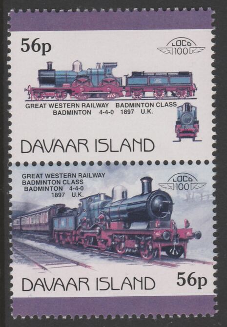 Davaar Island 1983 Locomotives #1 GWR Badminton Class 4-4-0 loco 56p perf se-tenant pair with yellow omitted,unmounted mint