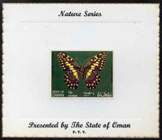Oman 1970 Butterflies (Christmas Butterfly) perf 1b value mounted on special 'Nature Series' presentation card inscribed 'Presented by the State of Oman'