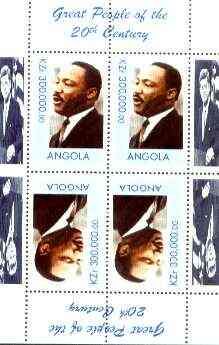 Angola 1999 Great People of the 20th Century - Martin Luther King perf sheetlet containing 4 values (2 tete-beche pairs) unmounted mint (JFK in margin)