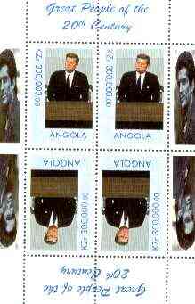 Angola 1999 Great People of the 20th Century - John Kennedy perf sheetlet of 4 (2 tete-beche pairs) unmounted mint