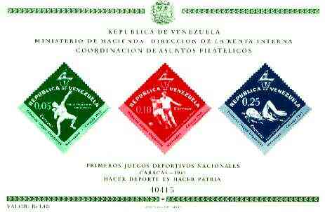Venezuela 1962 First National Games (Postage) imperf m/sheet containing 3 diamond shaped stamps, SG MS 1743