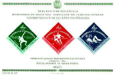 Venezuela 1962 First National Games (Postage) imperf m/sheet containing 3 diamond shaped stamps, SG MS 1743