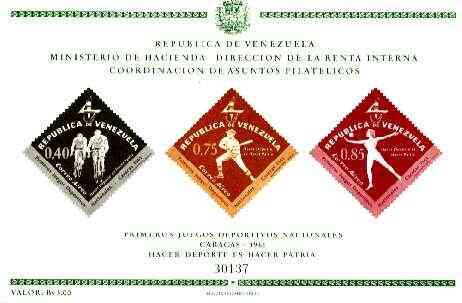 Venezuela 1962 First National Games (Air Mail) imperf m/sheet containing 3 diamond shaped stamps unmounted mint, SG MS 1747