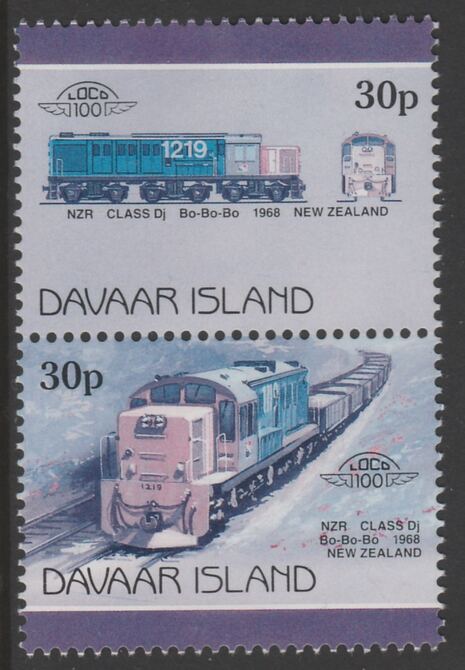 Davaar Island 1983 Locomotives #2 NZR Class Dj Bo-Bo-Bo loco 30p perf se-tenant pair with yellow omitted unmounted mint