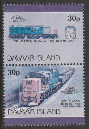 Davaar Island 1983 Locomotives #2 NZR Class Dj Bo-Bo-Bo loco 30p perf se-tenant pair with yellow omitted unmounted mint