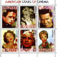 Kalmikia Republic 1999 American Film Stars perf sheetlet containing complete set of 6 values (Marilyn, Brando, Liz Taylor, M Douglas, etc) unmounted mint