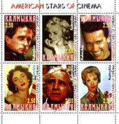 Kalmikia Republic 1999 American Film Stars perf sheetlet containing complete set of 6 values (Marilyn, Brando, Liz Taylor, M Douglas, etc) unmounted mint