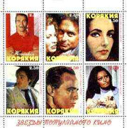 Koriakia Republic 1999 Film Stars perf sheetlet containing complete set of 6 values (Marilyn, Brando, Liz Taylor, Sophia Loren, Schwarzenegger, M Douglas, etc) unmounted mint