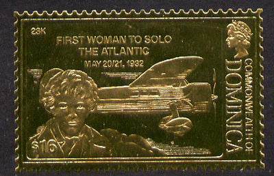 Dominica 1978 History of Aviation (Amelia Earhart First Woman to Solo the Atlantic) $16 embossed on 23k gold foil unmounted mint