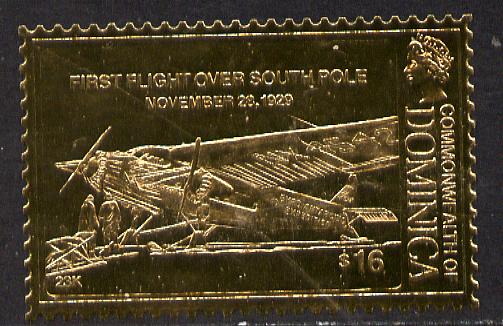 Dominica 1978 History of Aviation (First Flight over South Pole) $16 embossed on 23k gold foil unmounted mint