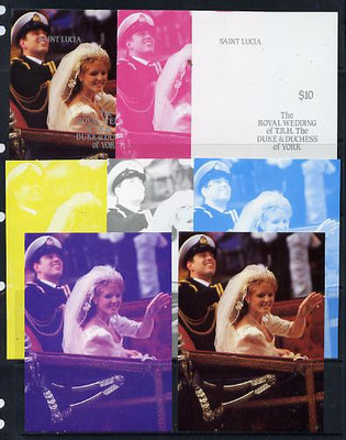 St Lucia 1986 Royal Wedding (Andrew & Fergie) $10 m/sheet set of 8 imperf progressive colour proofs comprising the 5 individual colours plus 3 composites unmounted mint