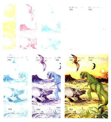 Abkhazia 1996 Dinosaurs sheetlet containing complete set of 4 values - the set of 7 imperf progressive proofs comprising the 4 individual colours, plus 2, 3 and all 4-colour composites unmounted mint