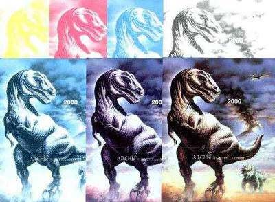 Abkhazia 1997 Dinosaurs souvenir sheet (2000 value) the set of 7 imperf progressive proofs comprising the 4 individual colours, plus 2, 3 and all 4-colour composites unmounted mint