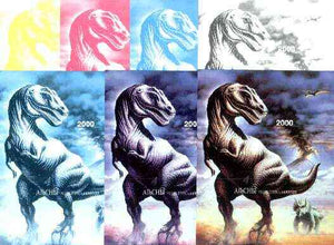 Abkhazia 1997 Dinosaurs souvenir sheet (2000 value) the set of 7 imperf progressive proofs comprising the 4 individual colours, plus 2, 3 and all 4-colour composites unmounted mint