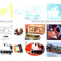 Tadjikistan 2000 Toys of the 20th Century (sheetlet containing 4 vals - Jocko the golfer, Pluto, Train & Barbi Doll) the set of 5 imperf progressive proofs comprising the 4 individual colours, plus all 4-colour composite