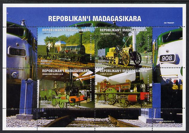 Madagascar 1999 Early Steam Locomatives perf sheetlet containing 4 values unmounted mint. Note this item is privately produced and is offered purely on its thematic appeal