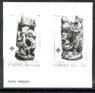 France 1980 Red Cross Fund (Stall Carvings from Cathedral) photo marquette (stamp sized black & white photographic proofs) of original artworks with values expressed as 0.00, as SG 2381 & 82 exceptionally rare