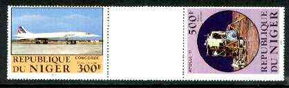 Niger Republic 1983 Manned Flight perforated se-tenant gutter pair comprising 300f & 500f (folded through gutter) from uncut archive sheet, rare thus, unmounted mint