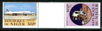 Niger Republic 1983 Manned Flight perforated se-tenant gutter pair comprising 300f & 500f (folded through gutter) from uncut archive sheet, rare thus, unmounted mint