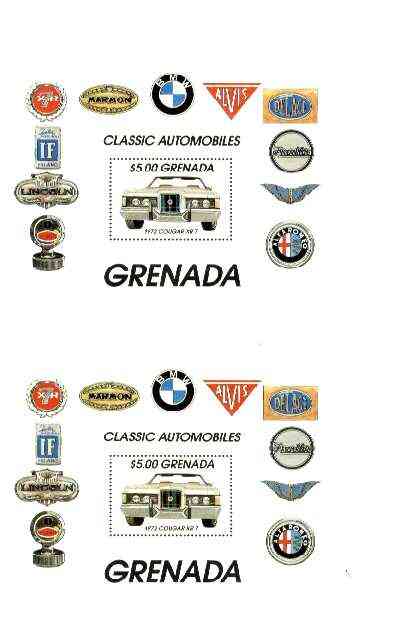 Grenada 1983 Motoring Anniversary (Cougar XR-7) $5 m/sheet joined pair from uncut archive sheet unmounted mint, scarce thus