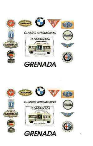 Grenada 1983 Motoring Anniversary (Cougar XR-7) $5 m/sheet joined pair from uncut archive sheet unmounted mint, scarce thus