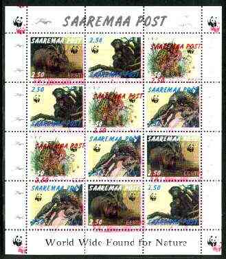 Estonia (Saaremaa) 1998 WWF - Wild Animals perf sheetlet containing complete set of 12 (3 sets of 4) with superb 4mm drop of red (affects all 12 stamps & WWF logo in margin) unmounted mint
