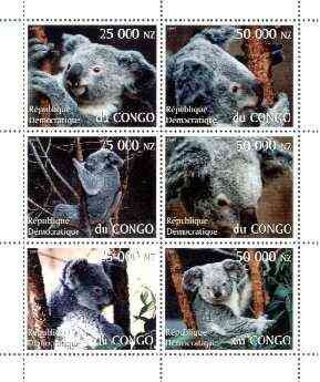 Congo 1997 Koala Bears perf sheetlet containing complete set of 6 values unmounted mint