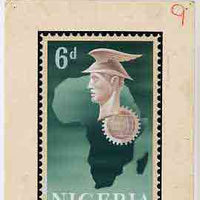 Nigeria 1962 Lagos Conference of African & Malagasy States - original hand-painted artwork for 6d value (Map of Africa with Mercury) probably by M Shamir on card 120 x 182 mm endorsed '9' plus issued stamp