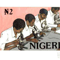 Nigeria 1986 Nigerian Life Def series - original hand-painted artwork for N2 value (Students in Laboratory) by G O Akinola on board 222 mm x 127 mm endorsed N2