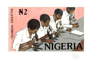 Nigeria 1986 Nigerian Life Def series - original hand-painted artwork for N2 value (Students in Laboratory) by G O Akinola on board 222 mm x 127 mm endorsed N2