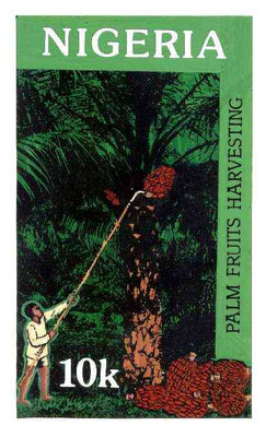 Nigeria 1986 Nigerian Life Def series - original hand-painted artwork for 10k value (Harvesting Palm Fruits) by unknown artist on board 127 mm x 222 mm