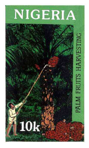 Nigeria 1986 Nigerian Life Def series - original hand-painted artwork for 10k value (Harvesting Palm Fruits) by unknown artist on board 127 mm x 222 mm