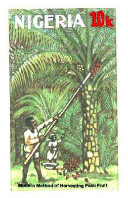 Nigeria 1986 Nigerian Life Def series - original hand-painted artwork for 10k value (Harvesting Palm Fruits) by Godrick N Osuji on card 128 mm x 220 mm
