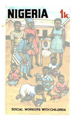 Nigeria 1986 Nigerian Life Def series - original hand-painted artwork for 1k value (Social Workers with Children) by Godrick N Osuji on card 127 mm x 218 mm endorsed A5
