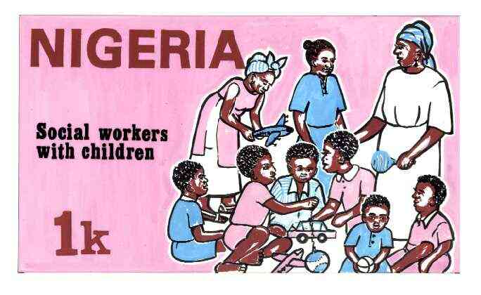 Nigeria 1986 Nigerian Life Def series - original hand-painted artwork for 1k value (Social Workers with Children) by unknown on board 222 mm x 128 mm